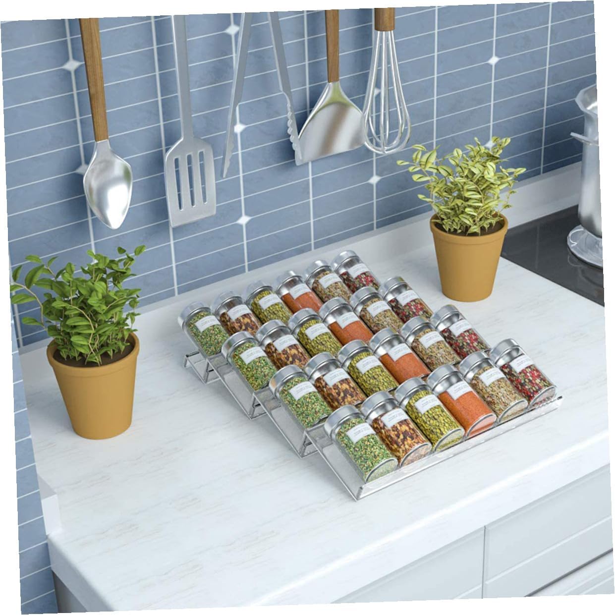 NUOBESTY Expandable Acrylic Spice Rack Drawer Organizer, Kitchen Seasoning Bottle Storage Shelf for Countertop and Cabinet, Plastic Spice Bottle Holder for Pantry and Cooking Tools