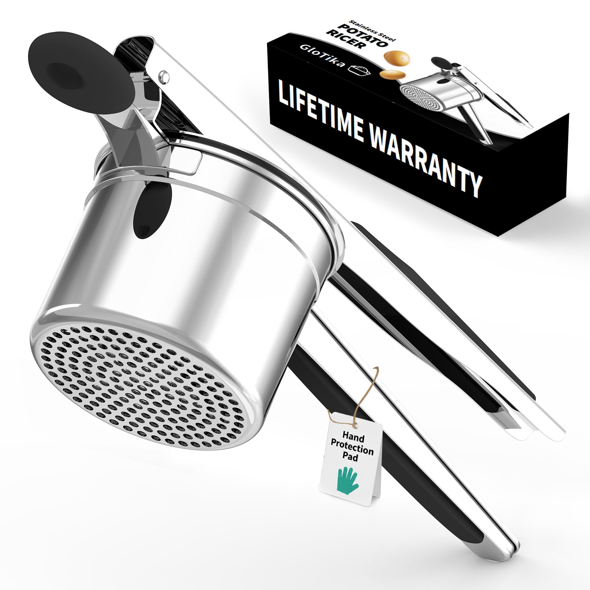 GloTika Large 15oz Potato Ricer, Heavy Duty Stainless Steel Ricer for Mashed Potatoes, Sweet Potato Masher Kitchen Tool with Ergonomic Handle, Press and Mash Kitchen Gadget, Black
