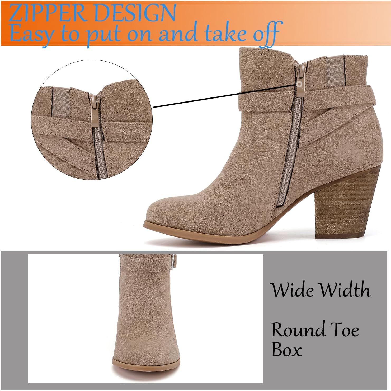 Luoika Women's Wide Width Ankle Boots - Black Brown Short Boots Block Low Heel Side Zipper Booties. - Image 6