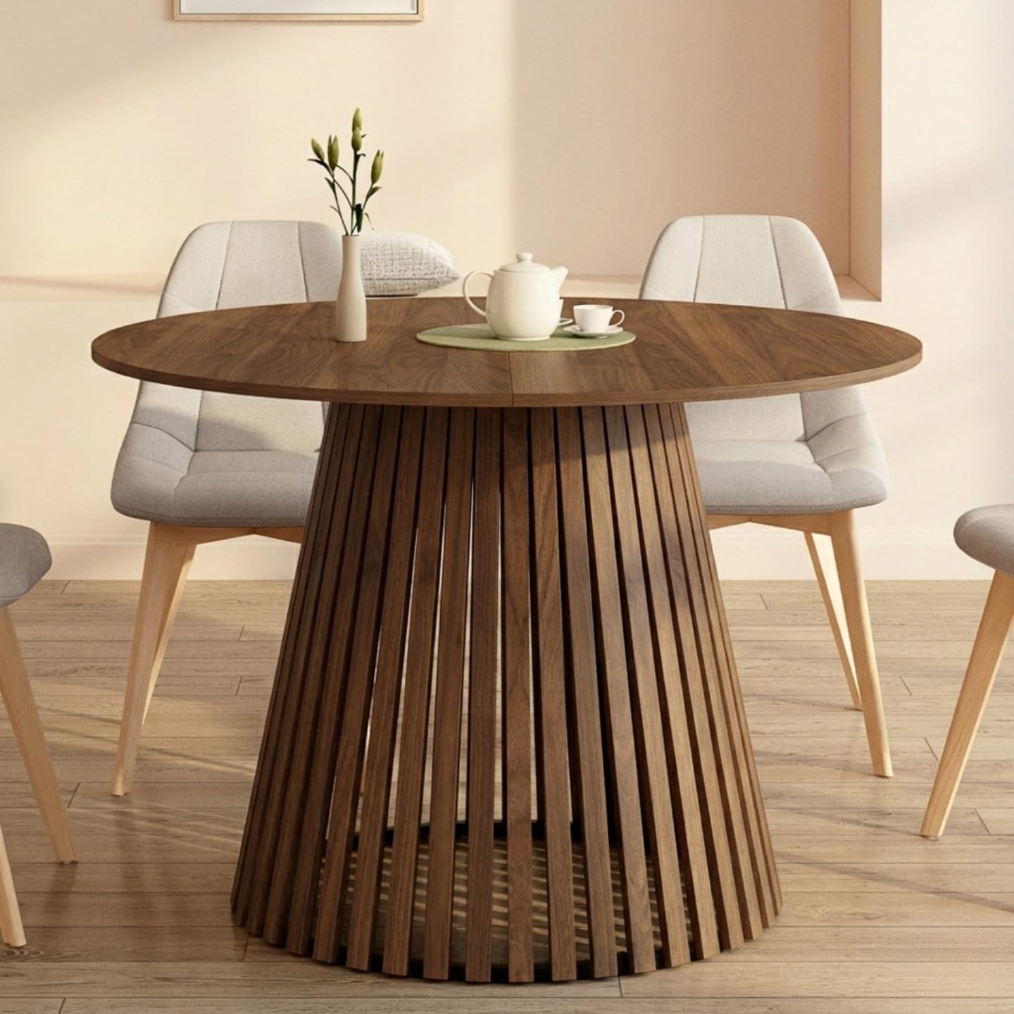 IDMarket - Runder Esstisch Carmen 6 Personen Fuß aus Nussbaumlatten und Tischplatte aus Nussbaum 110 cm