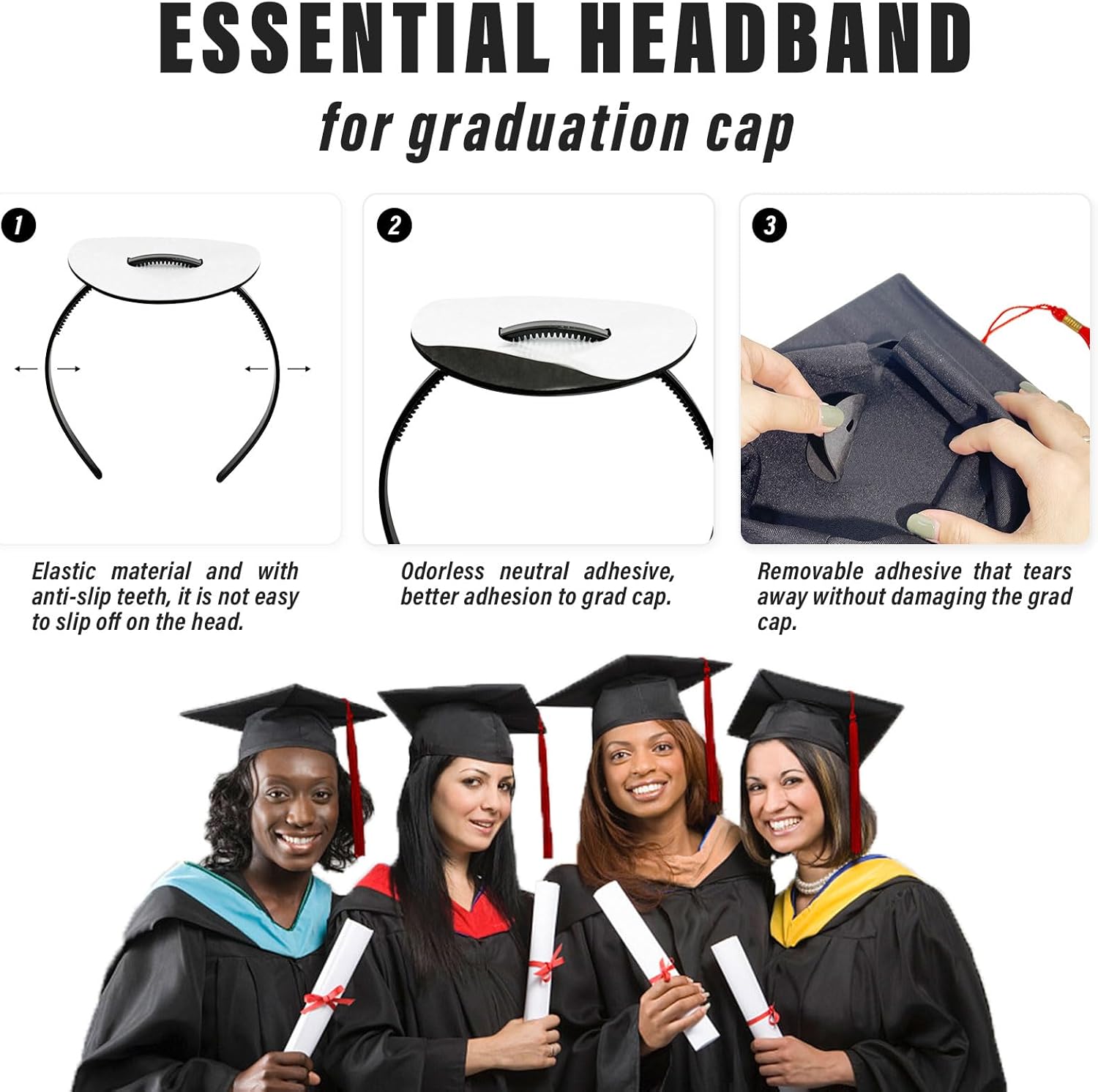 2 Pack Graduation Cap Headband - Grad Cap Head Band Insert with EVA Foam Sticker - Graduates Essential Hairband for Securing Graduation Hat - Image 2