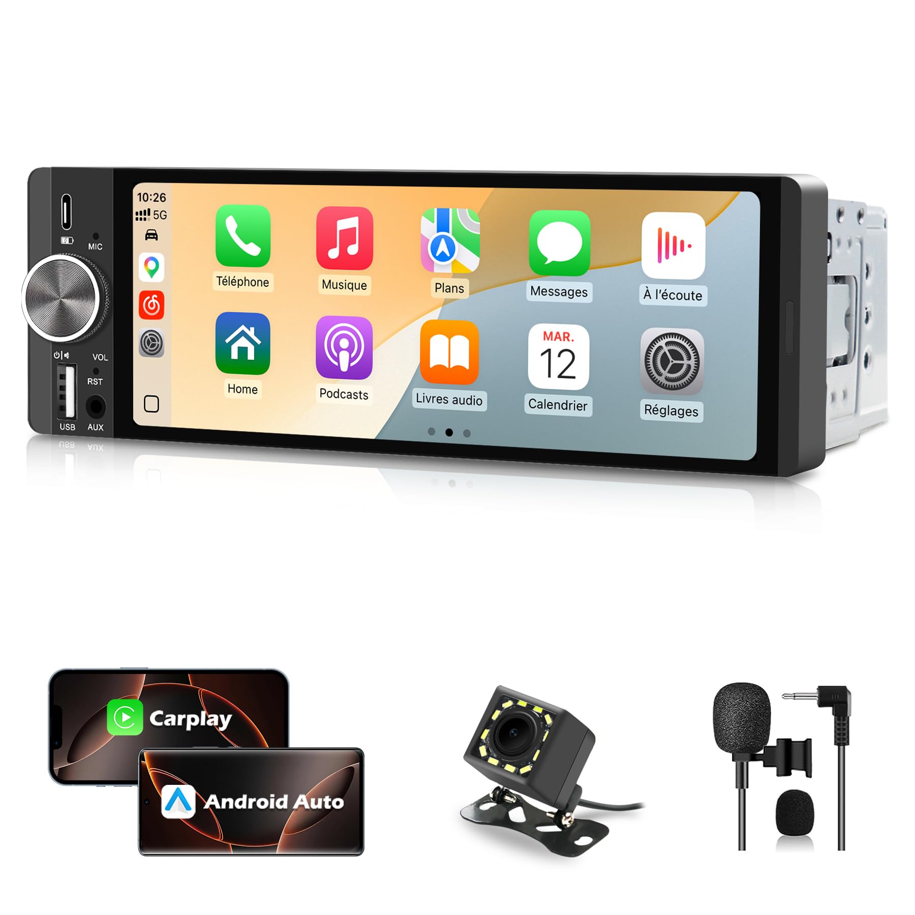 Autoradio Bluetooth 1 DIN avec CarPlay/Android Auto, Caméra de Recul