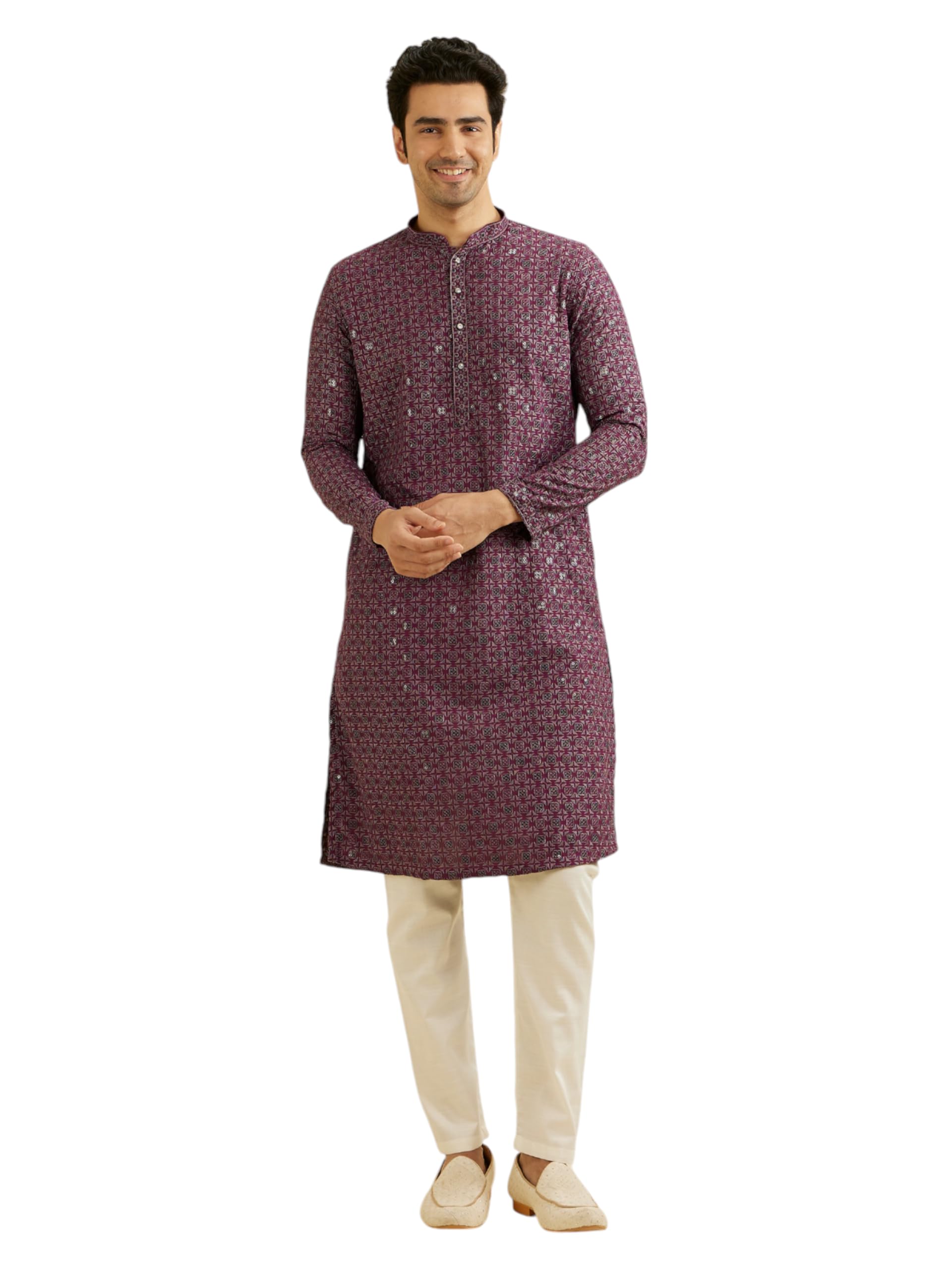 manyavar Men's Viscose Blend Chikankari | Sequins Work Kurta Set (2pcs)-picture-23