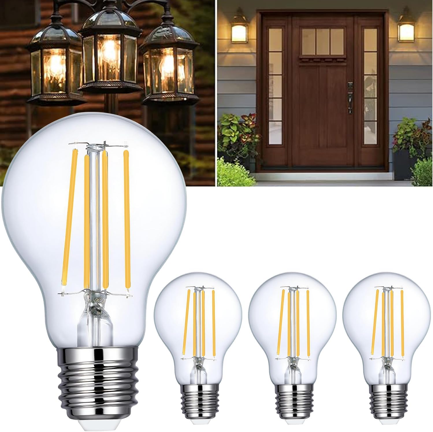 A19 Filament Bulb, 4 Pack High Output 806LM 8W Dimmable LED E26 Edison Vintage Bulbs A19, Equivalent 60W, 2700K Warm White Clear Glass High CRI85 A 19 LED Light for Living Room, Bathroom,Home
