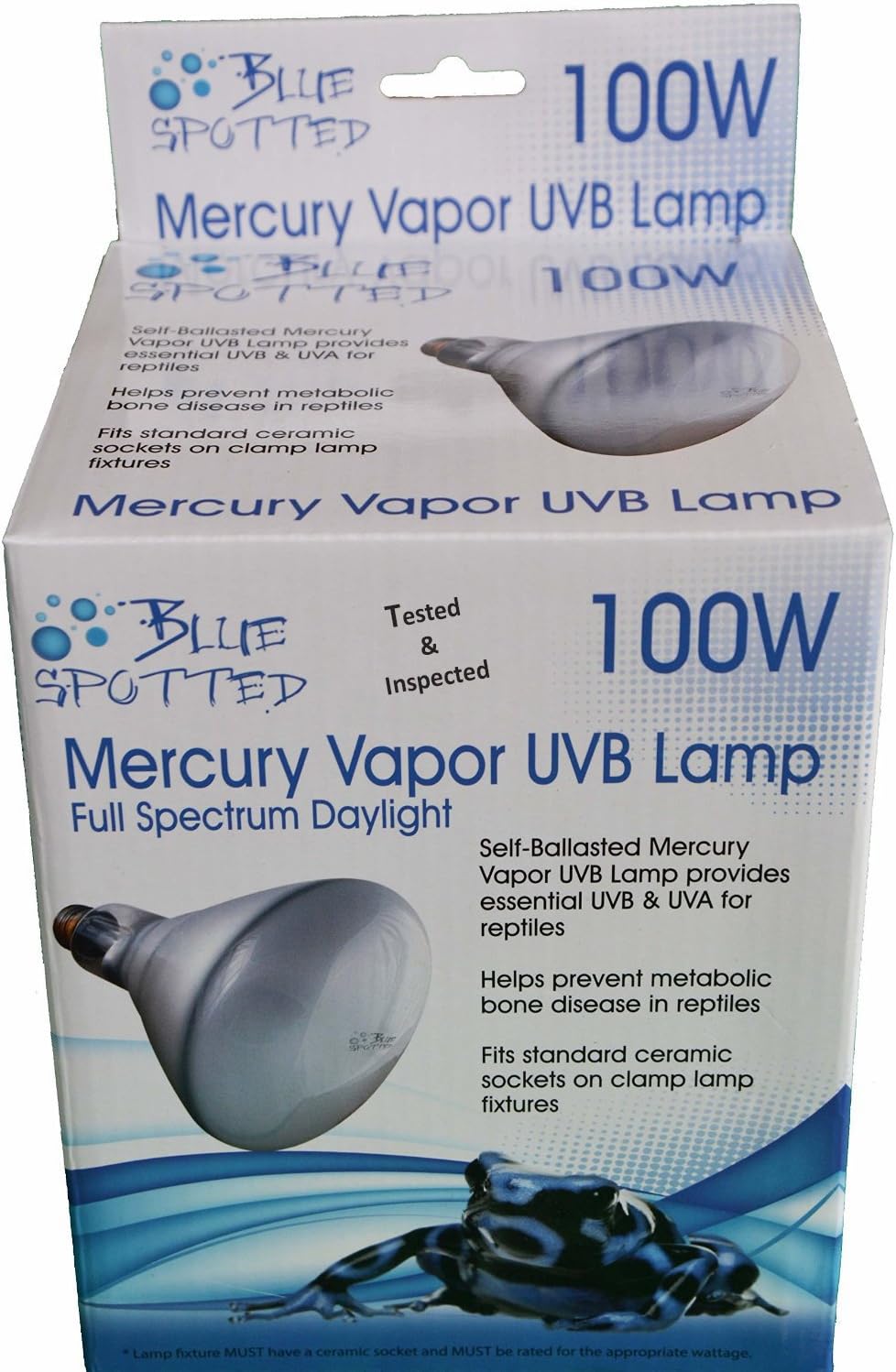 Blue Spotted Mercury Vapor Lamp TI (100 Watt) - Provides Essential UVB & UVA for Reptiles- Tested & Inspected Guarantee