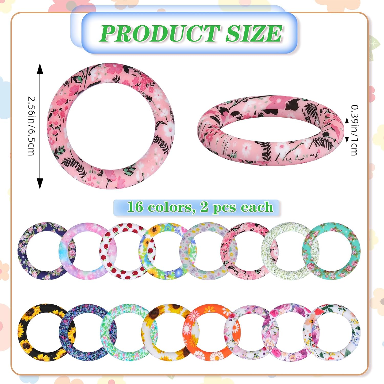 32 Pcs Silicone Beadable Ring 65mm Round Silicone Beads Ring Bulk Focal Beads for Keychain Making Water Transfer DIY Make Handicrafts, Necklaces, Lanyards(Flowers)