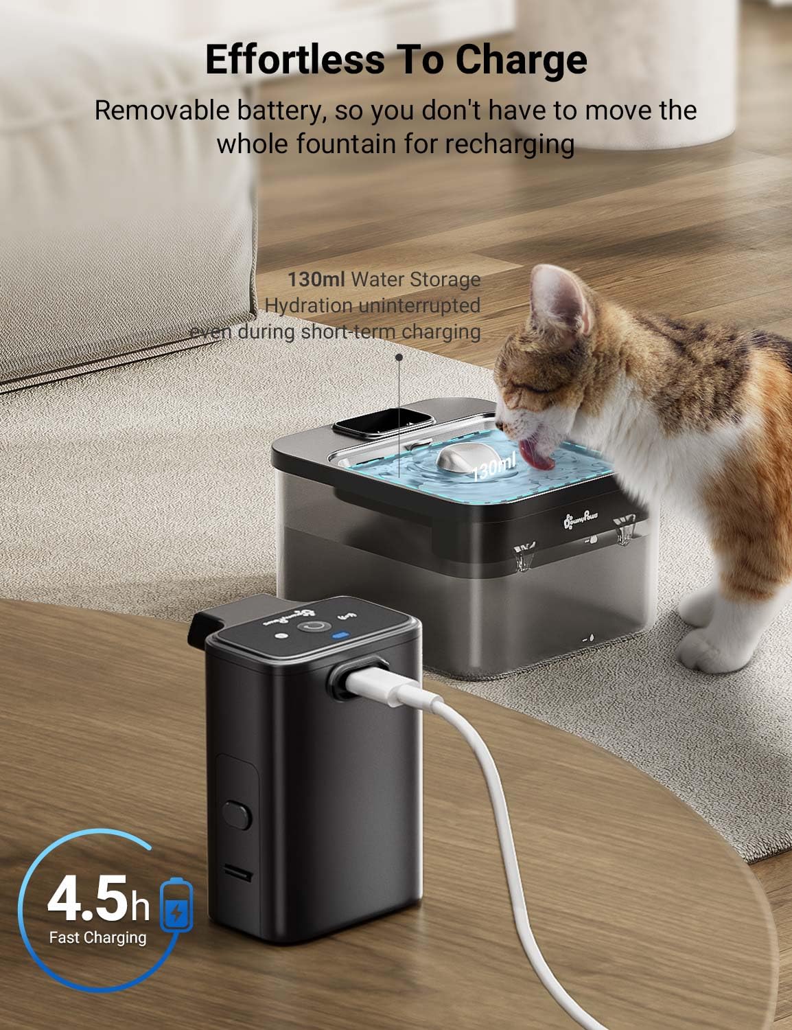 DownyPaws Fontanella per Gatti senza Fili con 6 Filtri, Alimentazione a Batteria da 4000mAh, 2,5 L Ultra Silenziosa Fontanella per Gatti con Sensore