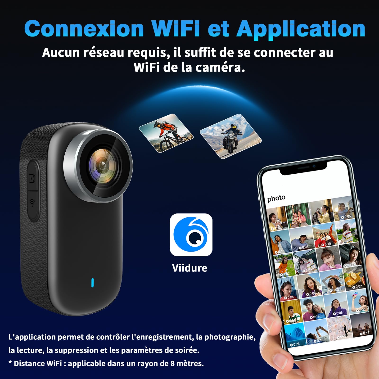 Caméra d'action WiFi 4K Étanche 150° Sportive avec Écran 1.3 Pouce et Batterie 3 Heures - Noir