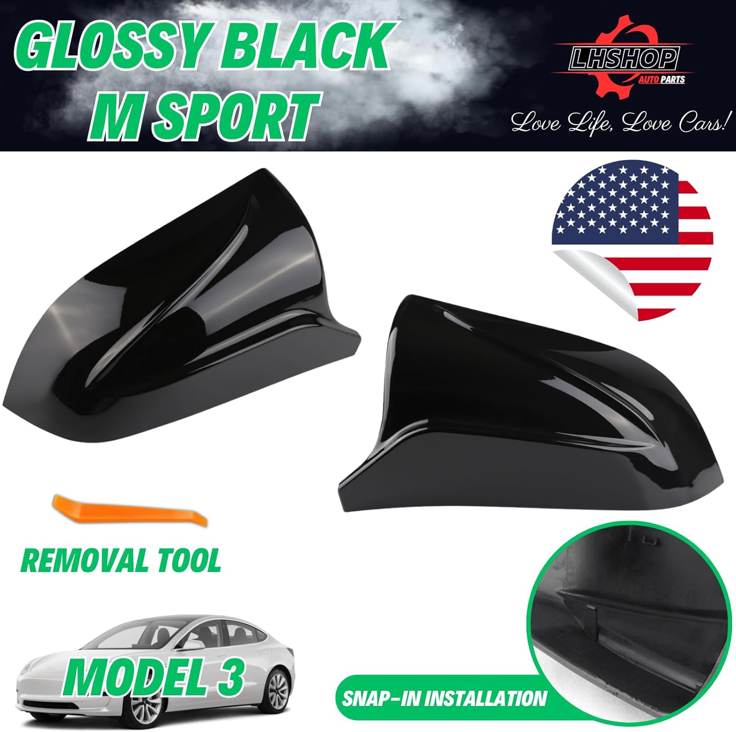 Car Side Mirror Caps for 2018-2025 Tesla Model 3 Accessories Passenger Driver Side View Exterior Mirror Covers Replacement Automotive Body Tuning Parts & Trim, Glossy Black - 1 Pair (Left-Right )