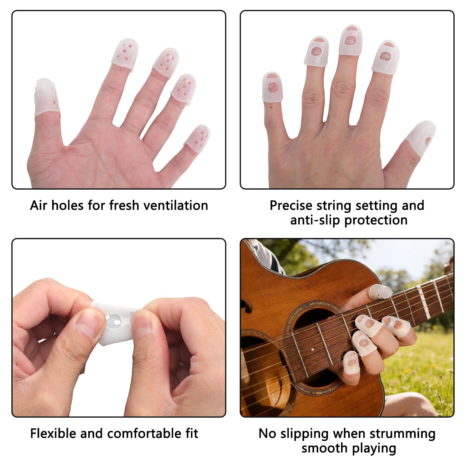 50 Protege Doigts Silicone 5 Tailles Transparent pour Guitare Ukulele et Basse, capuchons doigt respirant anti derapant pour debutants et musiciens, accessoires guitare pratiques