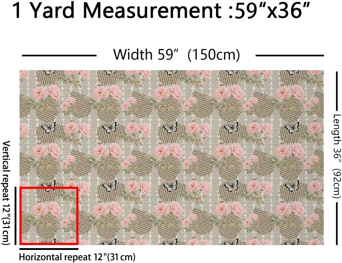 Pink Rose Upholstery Fabric, Paris France Style Fabric by The Yard, Romantic Valentine's Day Decorative Fabric, Green Leaf Decoration Indoor Outdoor Fabric,Craft Patchwork, White Pink, 2 Yards