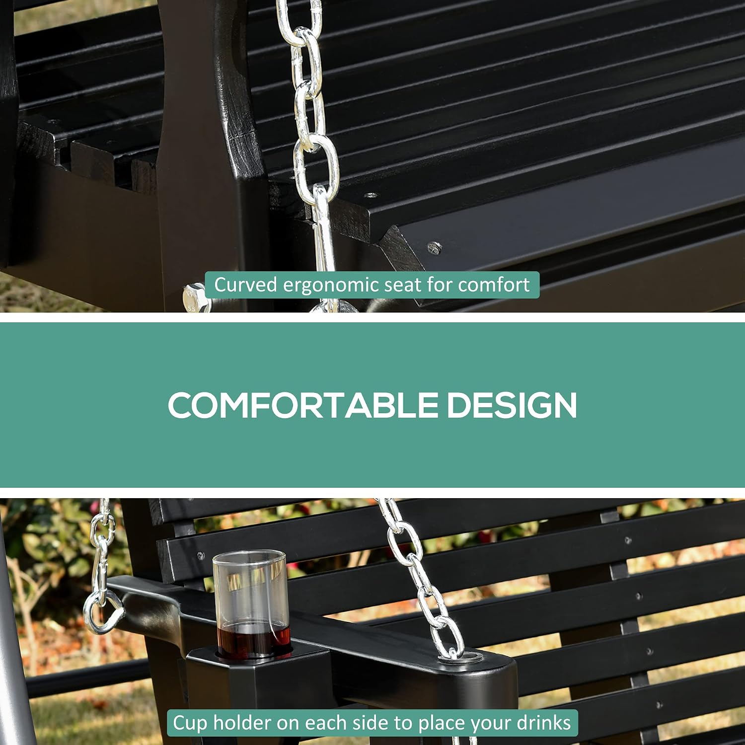 Outsunny Porch Swing with Chains and Cupholders, 2 Person Wooden Patio Swing Chair, 440 lbs. Weight Capacity, for Garden, Poolside, Backyard, Black