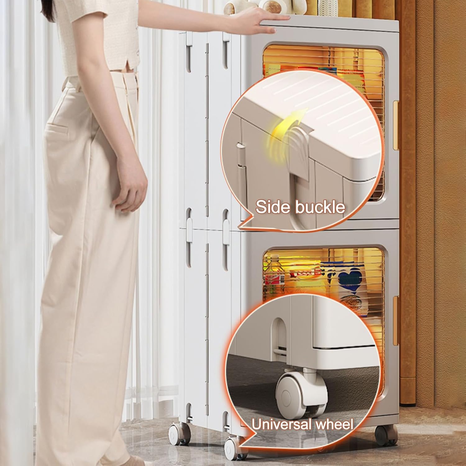 3 Tier Stackable Plastic Storage Bins with Wheels and Clear Doors for Living Room Dorm Laundry Room Kitchen Collapsible Containers,Tsparent Brown3 Tier