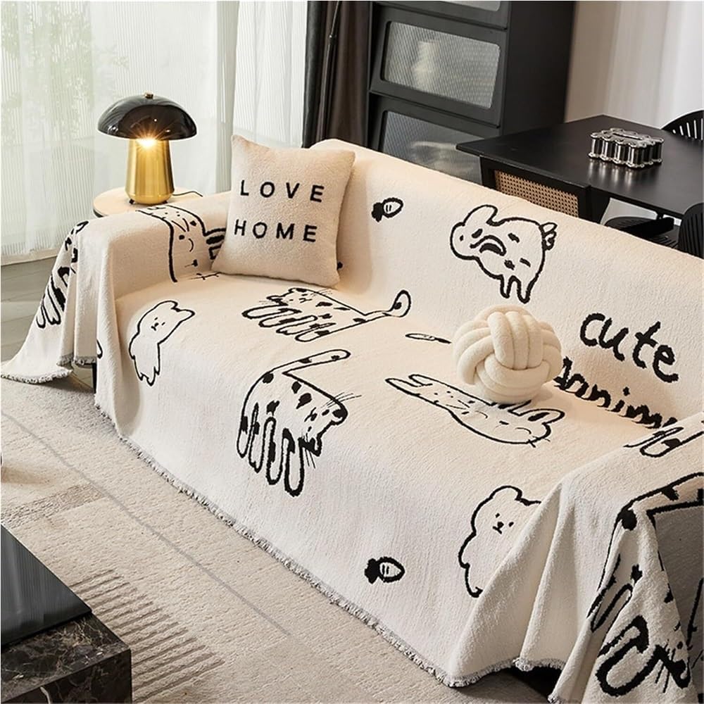 Reversible Chenille Sofa Cover Thicken Simple Cat Double Sided Throw Blankets Cartoon Cute Furniture Protector Couch Non-Slip Towel Washable Slipcover(180X460cm)