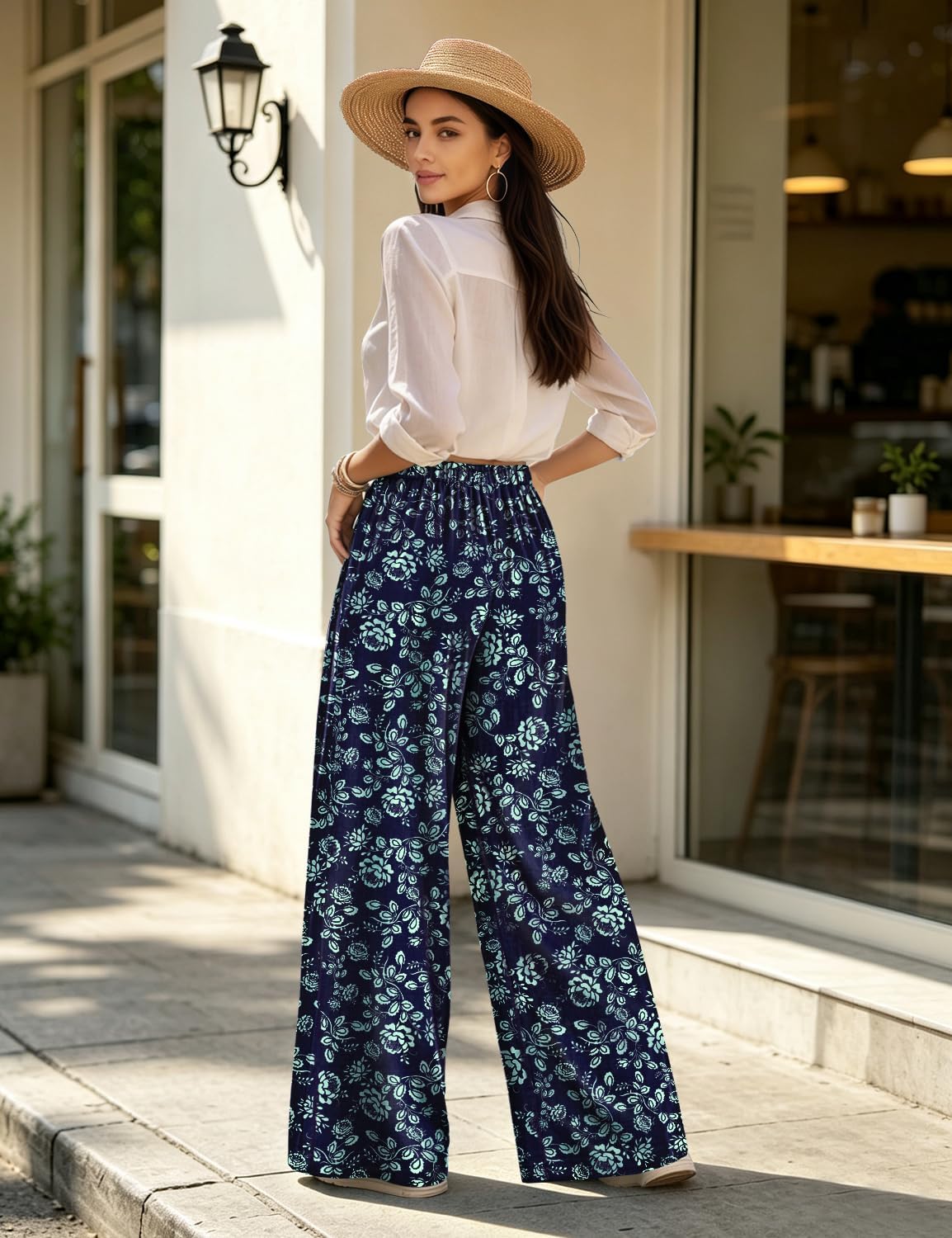 YESNO Women's Wide Leg Cotton Casual Loose Palazzo Pants PLR