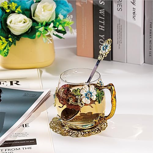 Vista 52 de Taza de té de flores, taza de café de cristal transparente con cuchara, caja de regalo para su madre, esposa, abuela, niñas, amigos, San Valentín