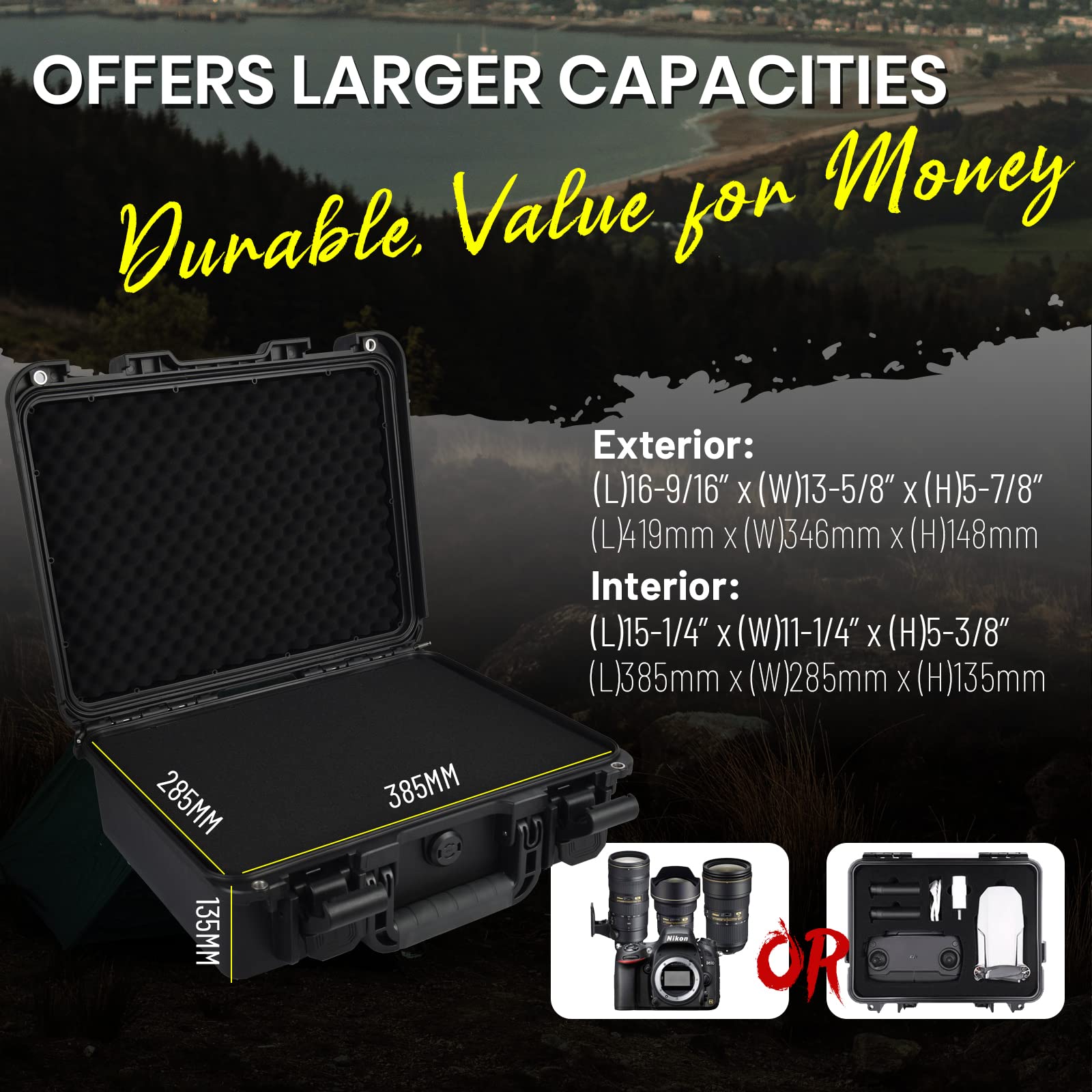 Caja protectora para cámara impermeable de 41.5x34.5x15.2 cm, resistente a prueba de golpes, portátil, con espuma insertada personalizable para drones, pistolas, lente negro