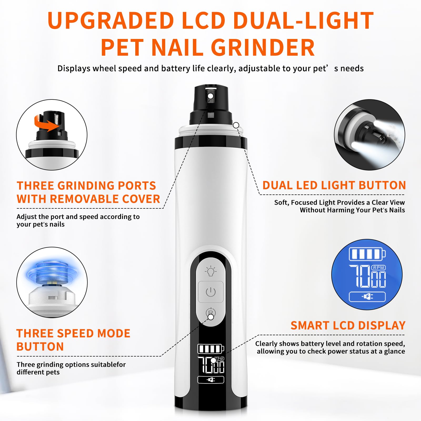 2026 Upgraded Silent Dog Nail Grinder, 3-Speed Powerful Electric Pet Nail Trimmer, Indoor cat Nail Trimmer,Rechargeable with 2 LED Lights/Grinding Wheels for Small, Medium, and Large Dogs and Cats - image 6