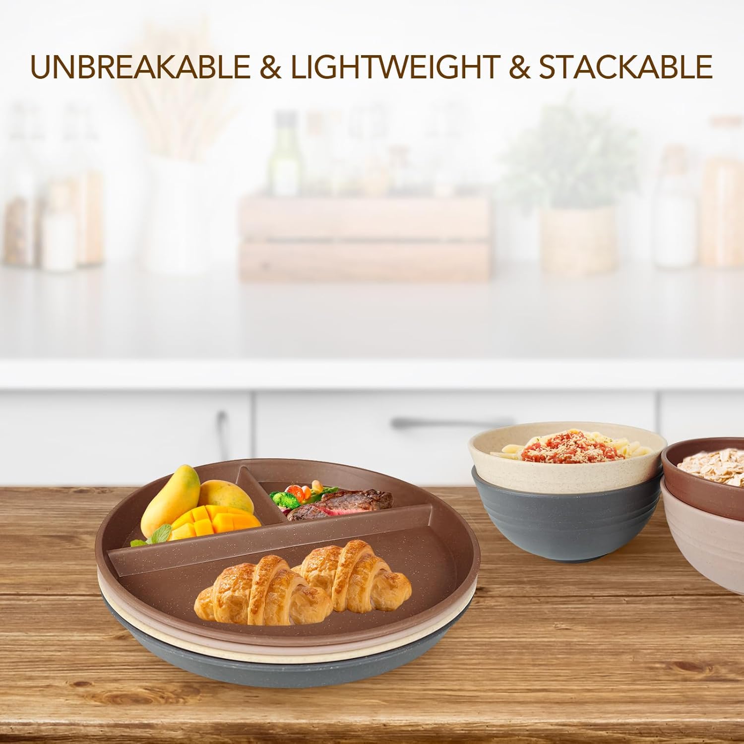 greenandlife 9 Inch 4PCS Unbreakable Portion Control Plates, Divided Plates for Kids Adults, Dishwasher & Microwave Safe Compartment Plate, Lightweight Reusable Wheat Straw Plate, BPA Free - Image 5