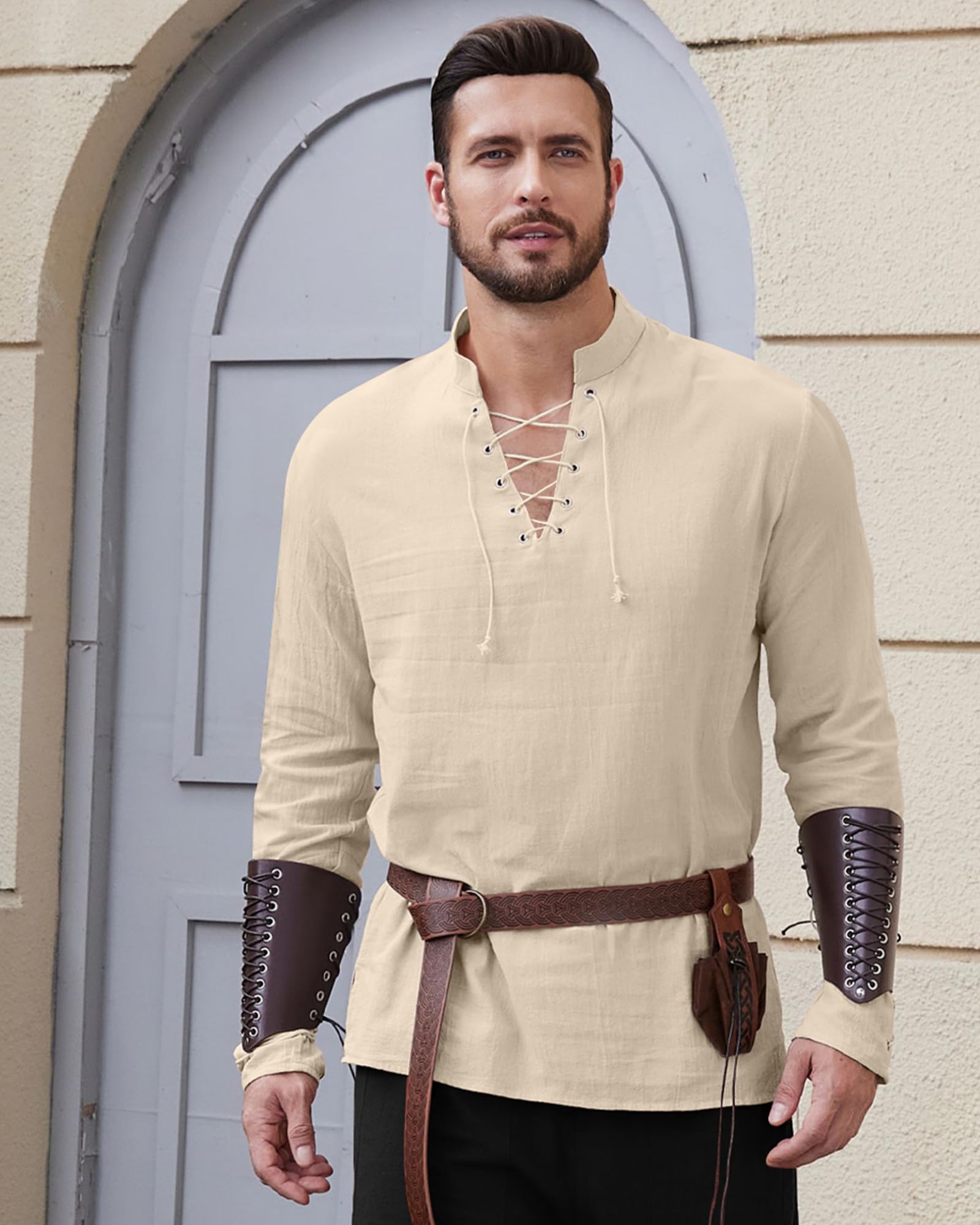 LVCBL Camicia Uomo Medievale in Cotone Lino con Lacci e Collo Coreano M-3XL