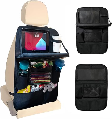 Miniatura 12 de Organizador de asiento trasero de automóvil con bandeja, 9 bolsillos de almacenamiento protector de asiento trasero con soporte plegable para Negro