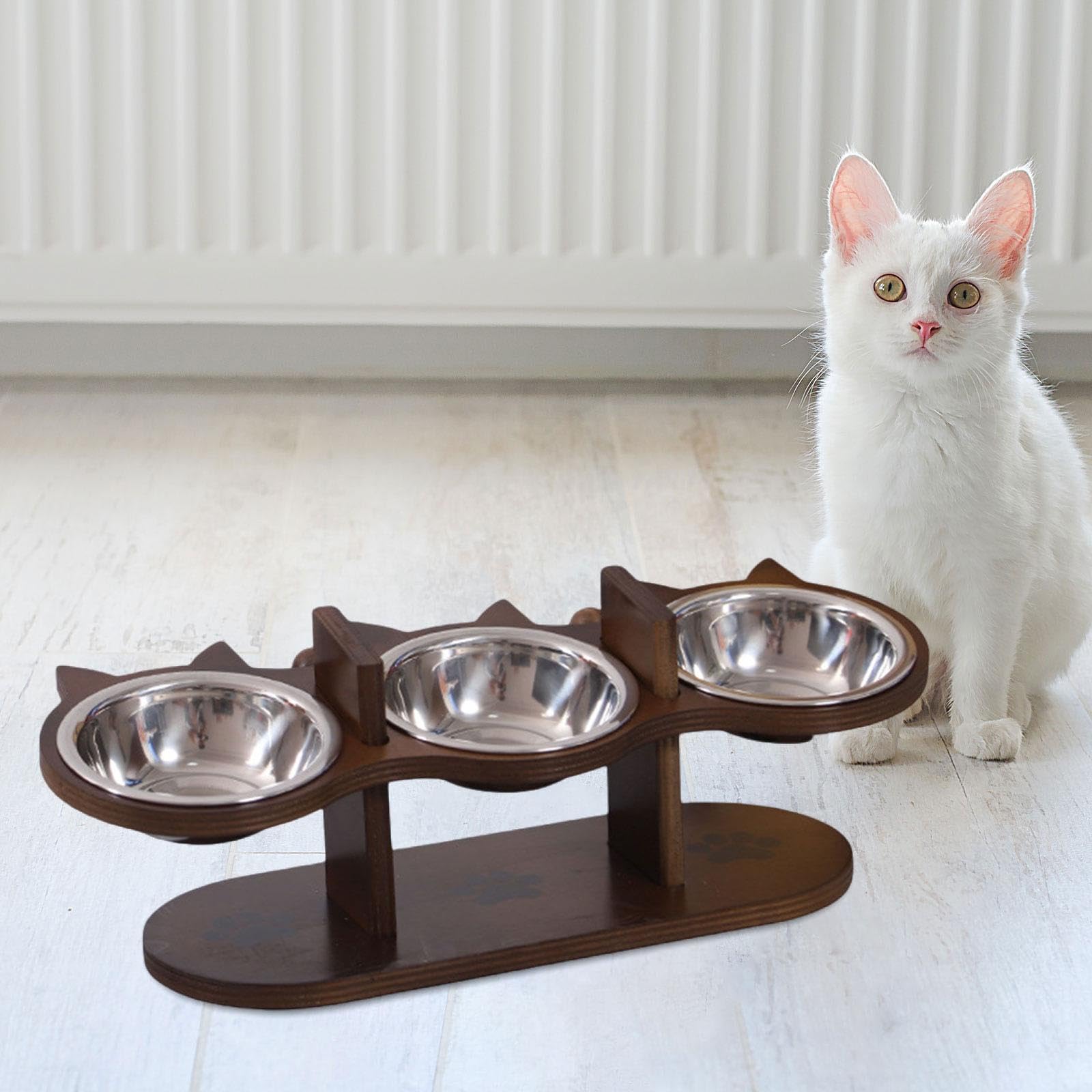 Comedero Elevado para Mascotas con 3 Cuencos de Acero Inoxidable Y Soporte de Madera, Estación de Alimentación para Gatitos Y Perros Pequeños.