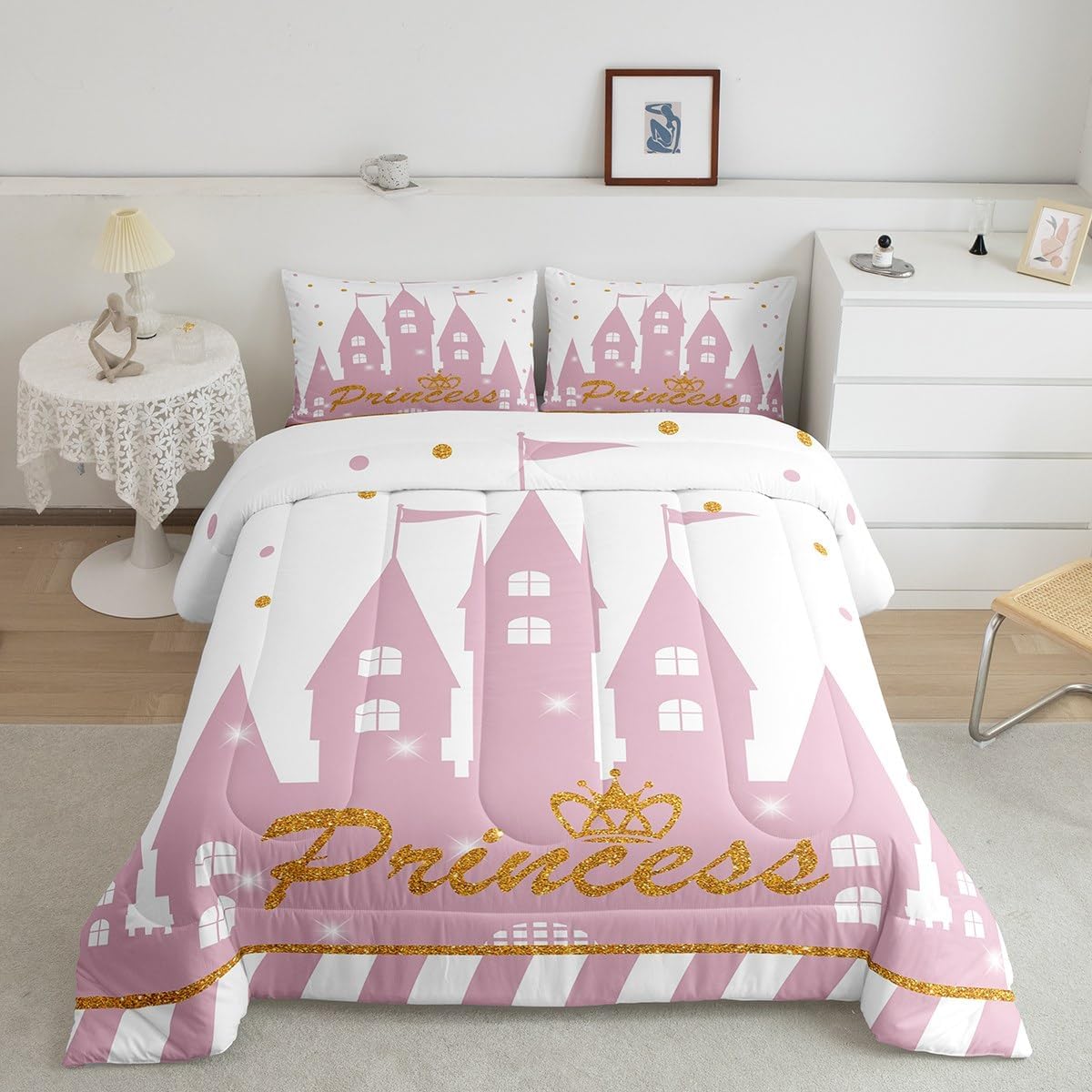 Homewish Girls Princess Comforter Set Full Size,Cartoon Castle Bedding Set 3Pcs for Kids Teens Woman Bedroom Decor,Gold Glitter Dots Lines Quilt Set Sweet Girly White Pink Duvet Insert,2 Pillowcases