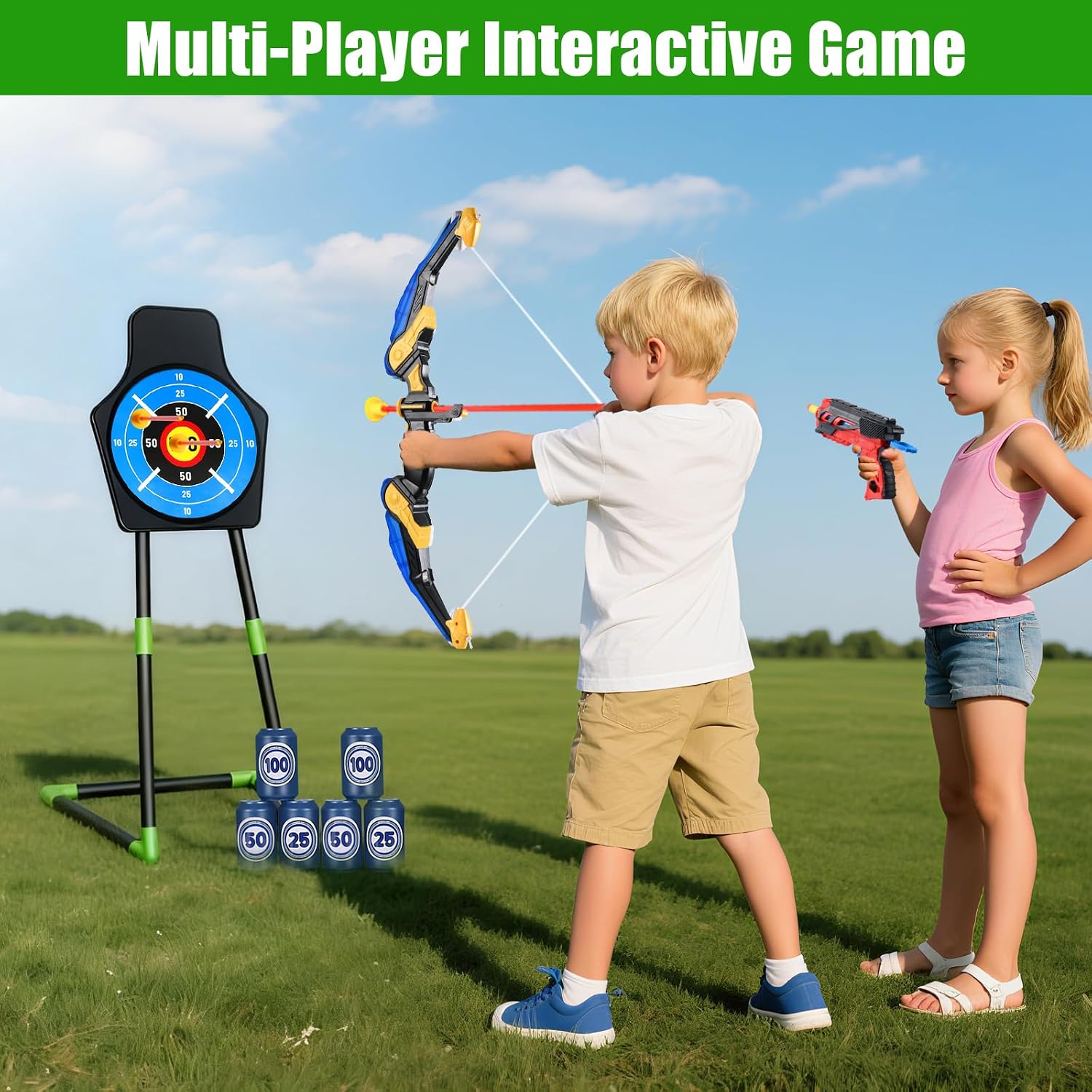 2 Pack Bow and Arrow Toy : Sports Toys for 5 6 7 8 9 10 11 12 Year Old Boys | with 24 Suction Cup Arrows, 1 Standing Target, 6 Score Targets & 2 Quiver | Indoor Outdoor Sport Gifts for Ages 4-8 8-12