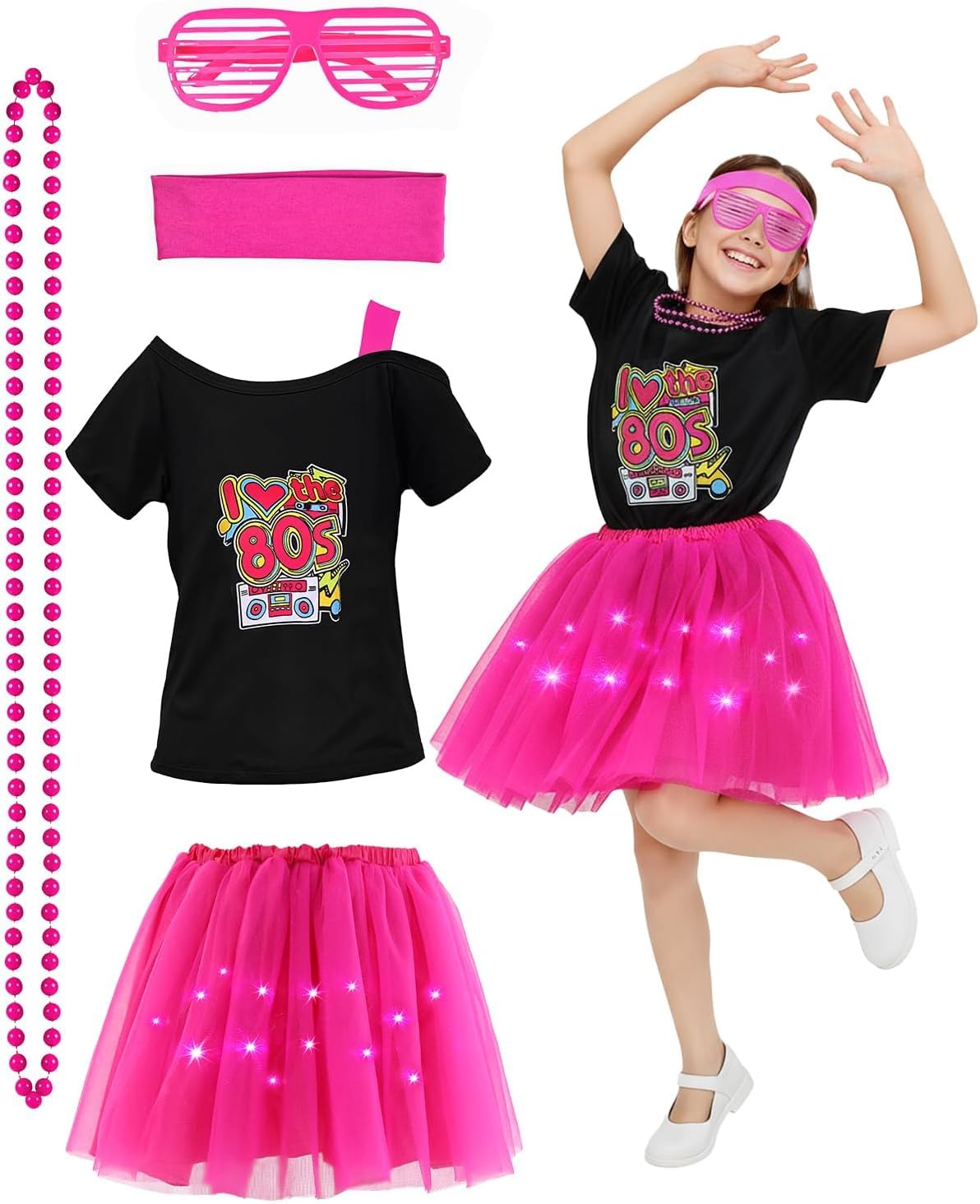Girls Light-Up 80s Costume Set for Kids - Christmas Dress-Up, Holiday Party Decades Day Rock Star Outfit