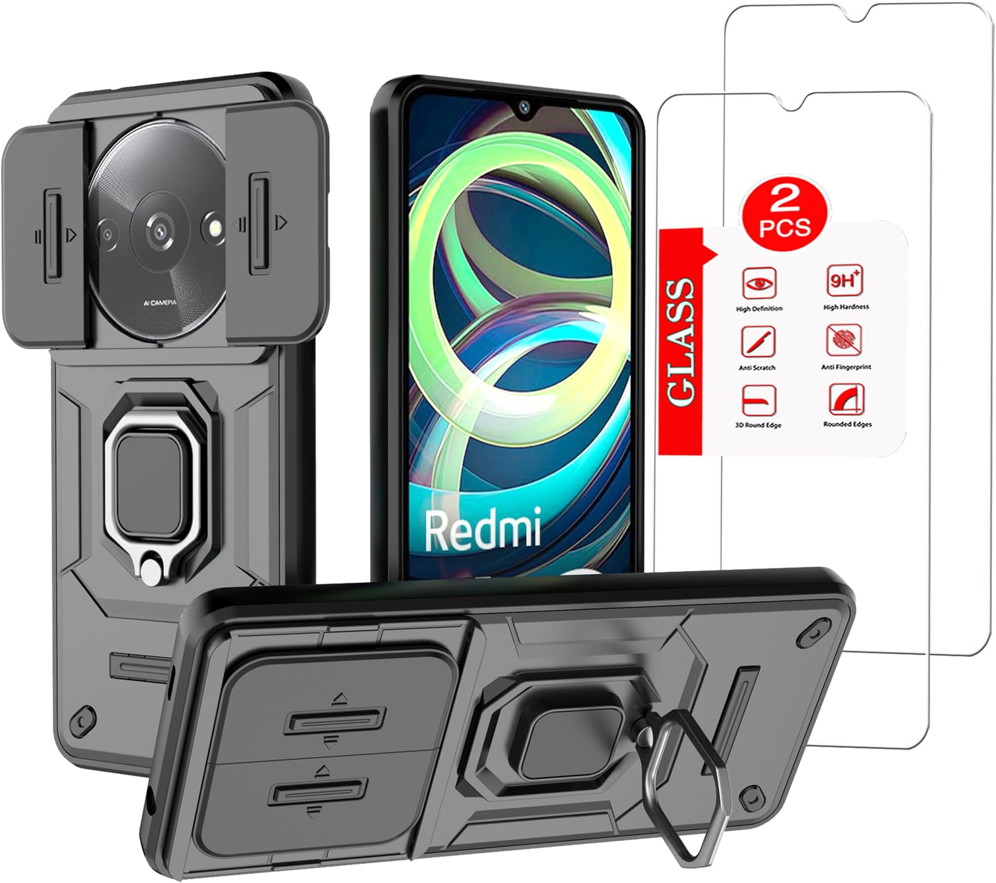 for Xiaomi Redmi A3 Case with [2 Pack] Tempered Glass Screen Protector, for Redmi A3 Case [Military-Grade] Protective，with Lens Protects Magnetic Kickstand Mount Holder Black