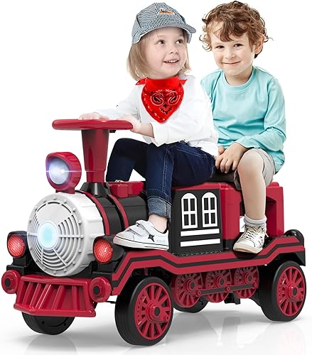 Tren de 2 plazas, coche eléctrico para niños de 12 V con silbatos de tren Choo-Choo, música USB Bluetooth, 2 velocidades, faros, dispositivo