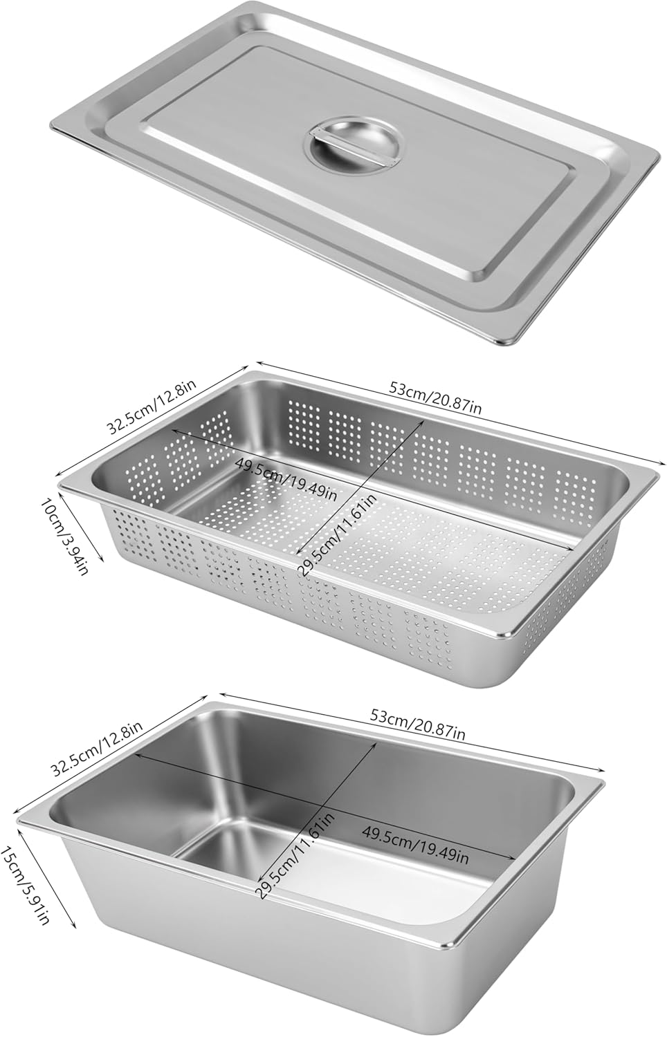 A Set Full Size Steam Table Pan Hotel Pan with Perforated Steaming Basket and Lid, Food Warmer Food Pan Tray Buffet Servers Pans Hot Water Pan for Restaurant Catering Kitchen Supplies
