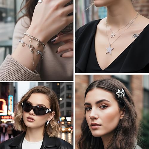 Miniatura 3 de 35 Pcs Y2K Accessories Set for Women, Silver Y2k Jewelry Set with Layered Necklace Retro Sunglasses Star Hair Clip Earing and Bracelet, Vintage 90s