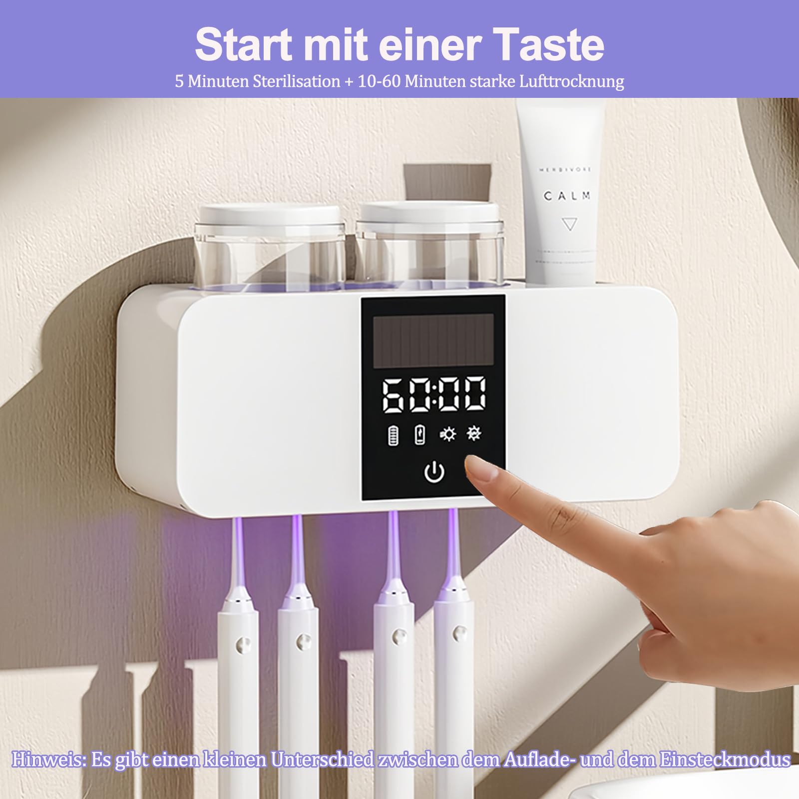 Maxspace Soporte para cepillo de dientes, esterilizador de cepillo de dientes UV con secado, carga solar y función de limpieza automática, soporte para cepillos de dientes de pared, sin taladrar, con