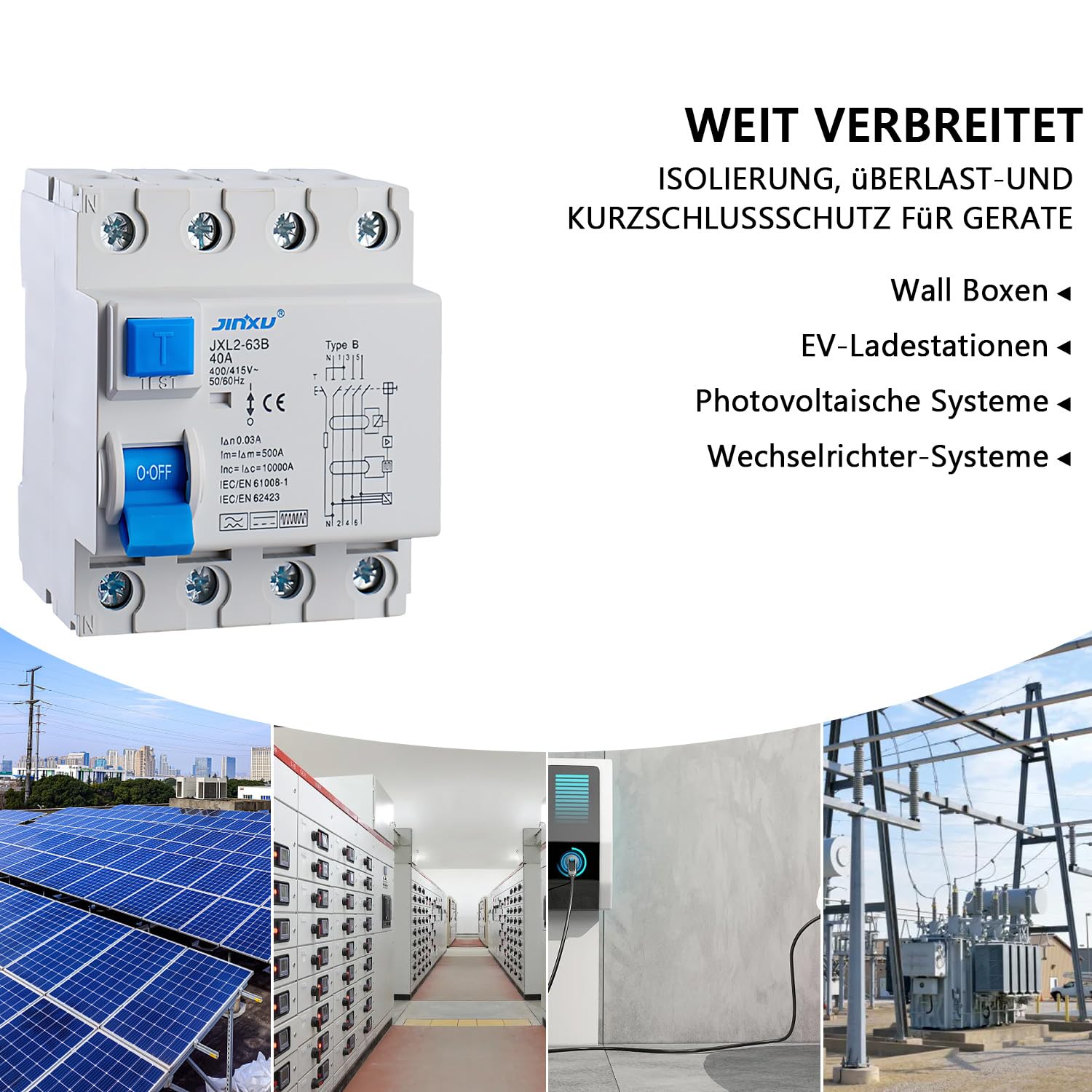 Fehlerstrom-Schutzschalter 4P Typ B, FI Schutzschalter 40A 30mA 4Polig, Fehlerstromschutzschalter Allstromintensiv Schalter Automat Sicherung für Wallboxen Ladestationen