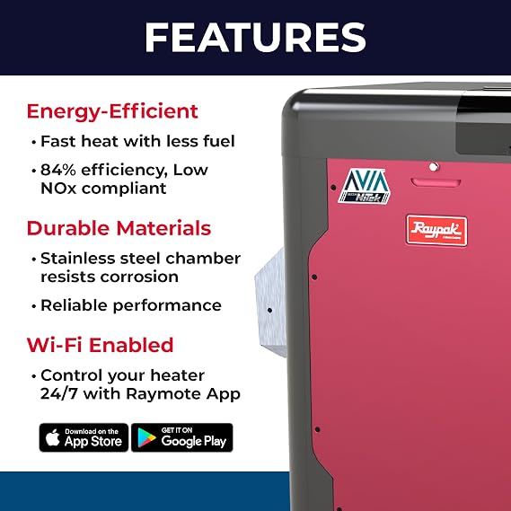Raypak Avia 400K BTU Natural Gas Pool Heater for Inground Pools Gas Pool and Spa Heater with NiTek Heat Exchanger, Built-in WiFi, 120/240V (018045)