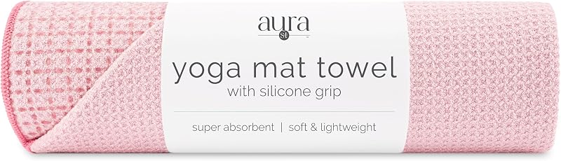 Aura Microfiber Yoga Mat Towel with Grip, 24" x 72", Pink | Silicone Grip Backing, Soft and Absorbent, Quick-Dry for Gym, Pilates, and Hot Yoga, Compact for Gym Bag, Machine Washable