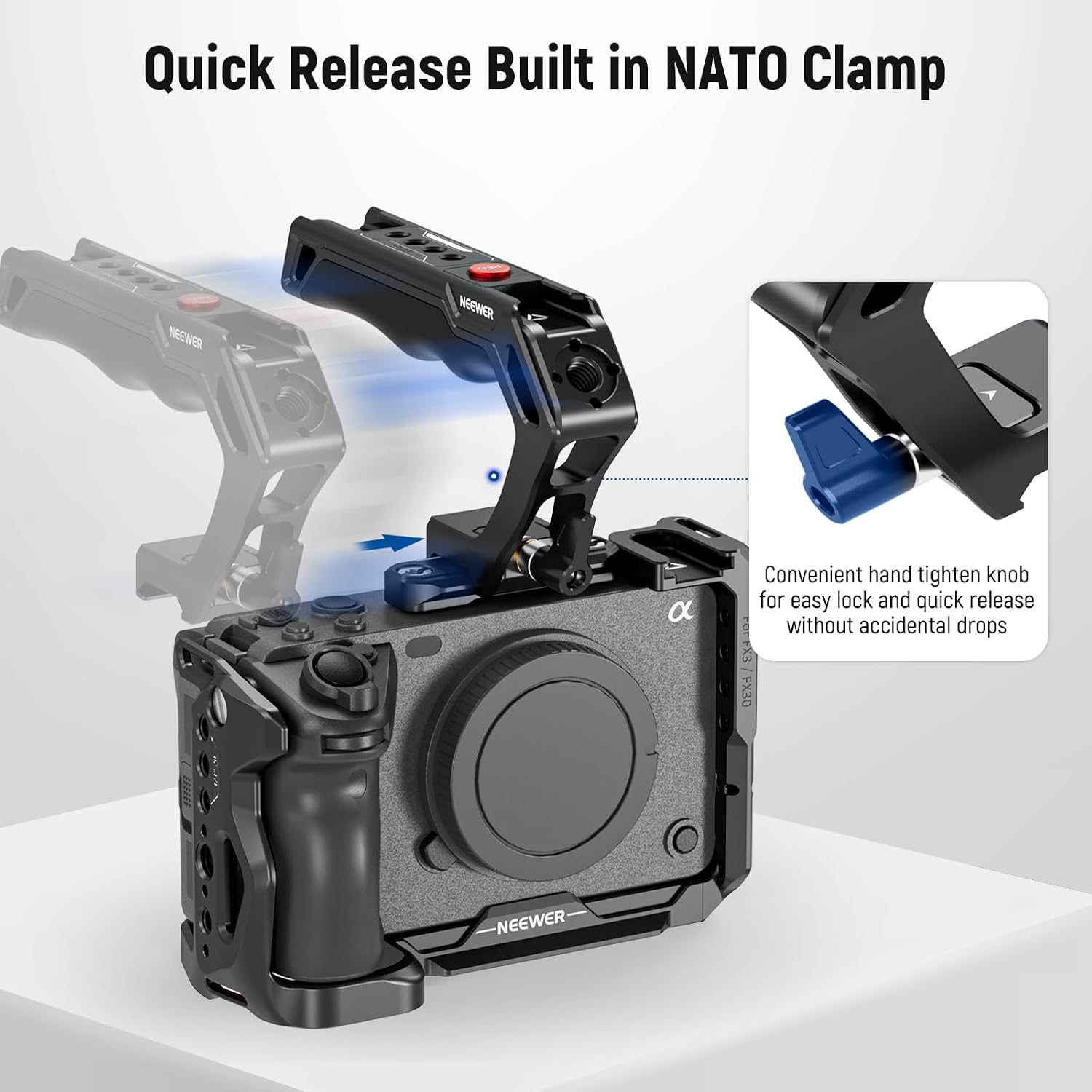 NEEWER NATO Top Handle with Record Button, Comfort Silicone Grip with QR NATO Clamp, 3/8" ARRI Locating Hole, Cold Shoes 1/4" Threads Compatible with Sony A7 ZV1 Panasonic S5 II FUJIFILM X-T5, PG005E