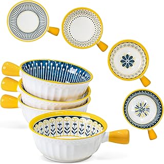 Yeacccng Soup Bowls with Handles, 23 Oz French Onion Soup Bowls Set of 4, Ceramic Soup Bowl for Kitchen, Oven/Microwave Bowls, 6 Inch Ceramic Soup Crocks, Cute Bowls, Scratch-Resistant, Lead-Free