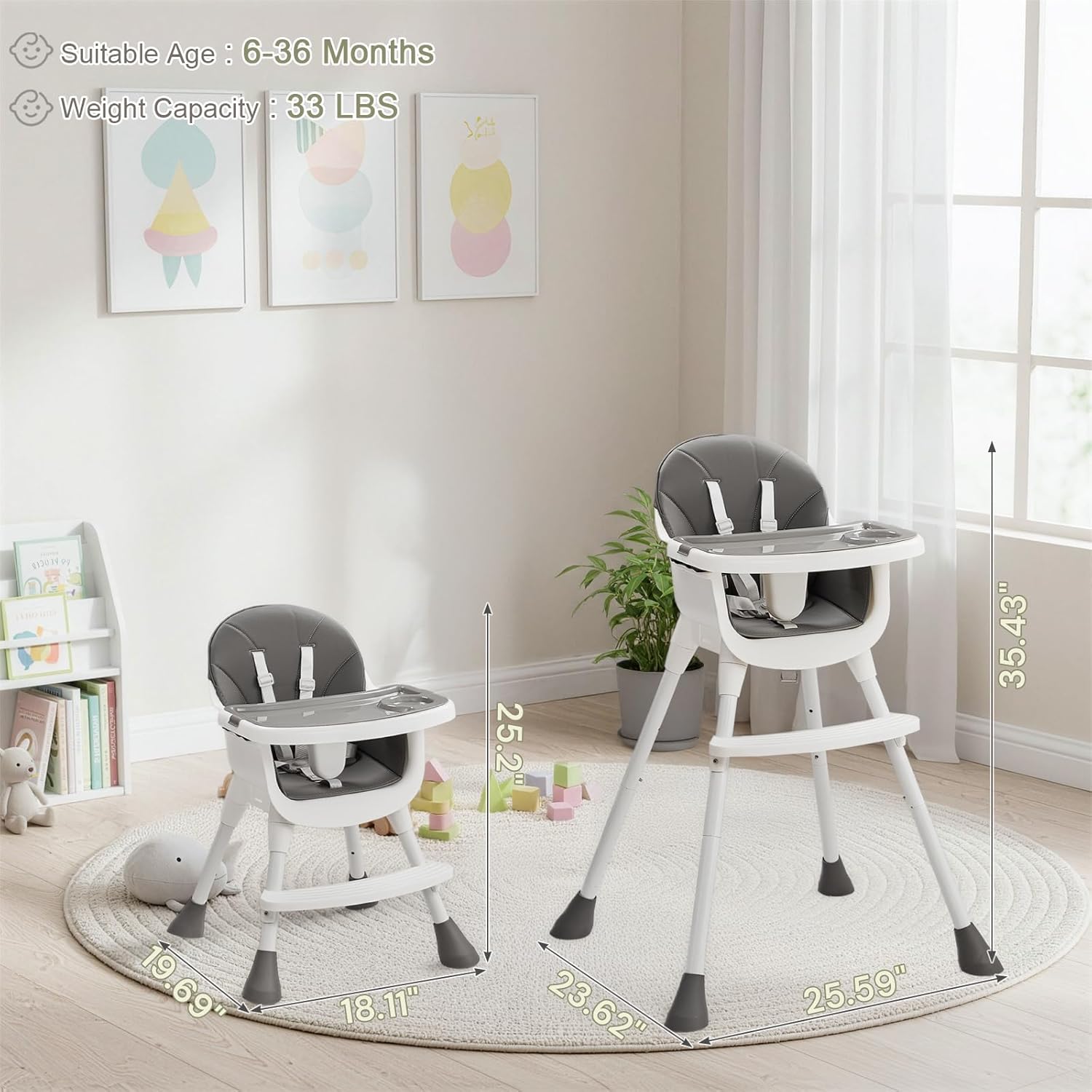 Ktaxon 3-in-1 Baby High Chair, Portable Adjustable Height Highchair with Removable Dual-Layer Tray, 5-Point Safety Harness and Footrest for Toddlers & Babies, Grey
