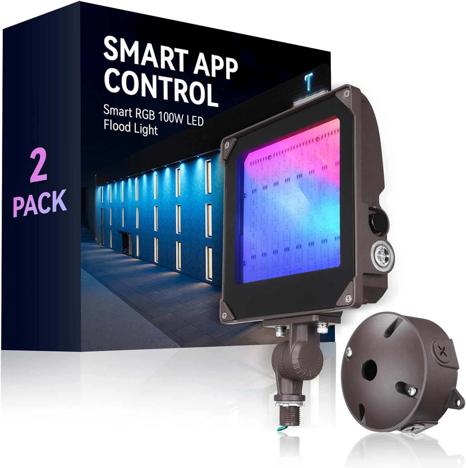 LEONLITE Smart RGB 100W LED Flood Light with Knuckle, Bluetooth Connection APP Control, Commercial Area Lighting for Outdoor Decorations, Garden, Yards, 3000K-5000K Dimmable, 100-277V, IP65 Waterproof