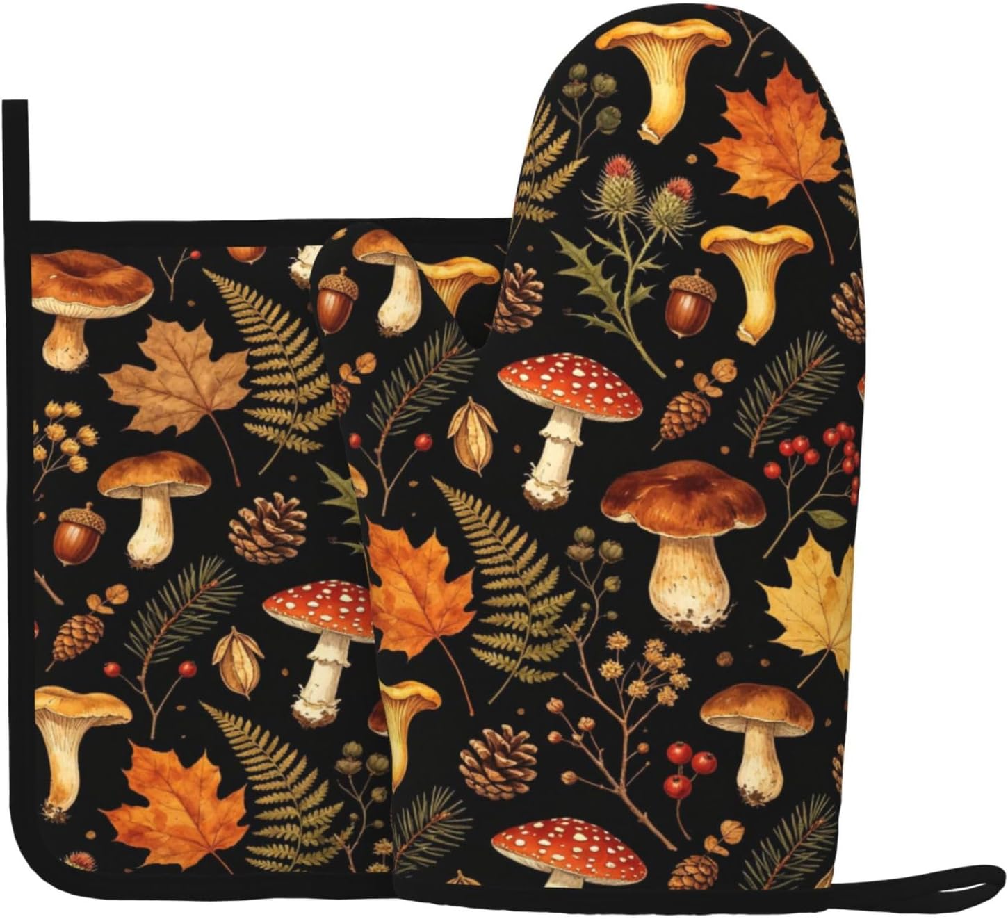 Vintage Botanical Mushroom Oven Mitts and Pot Holders Sets of 2