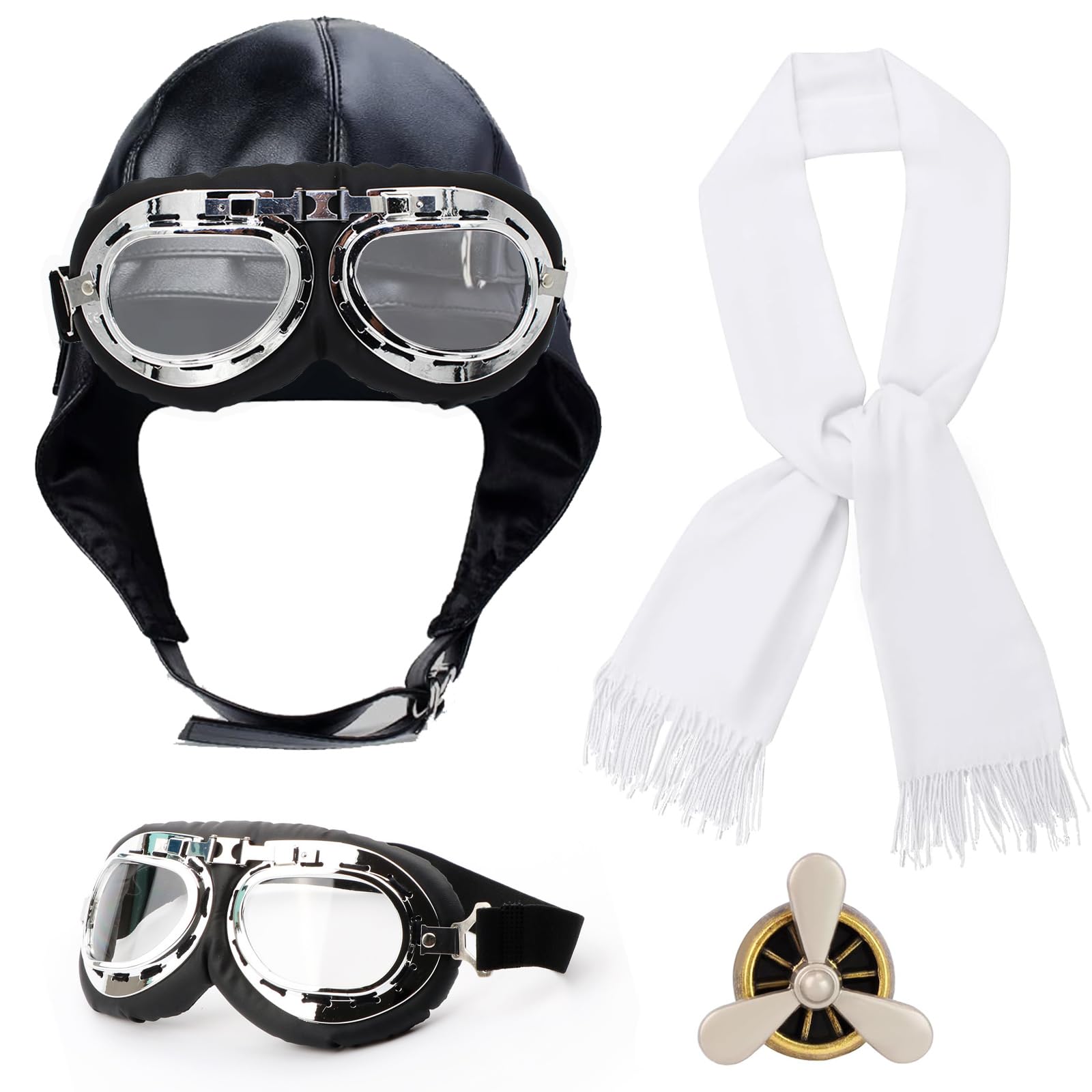 Hifot 4 Piezas Disfraz Piloto Avion Aviador Gorro Piloto Cuero de PU Retro Gafas Broche de Avión Pañuelo Blanco Halloween Accesorios Mujer Hombre para Fiesta Cosplay Carnaval Disfraz Adulto