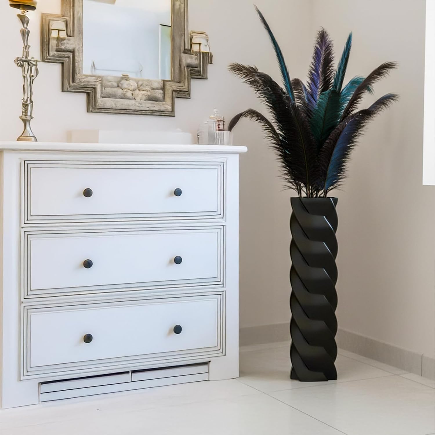 Tall Black Spiral Floor Vase 23.6″ – Glossy Twisted Resin Decorative Floor Vase for Pampas Grass, Branches & Dried Flowers, Modern Farmhouse Indoor Home Decor