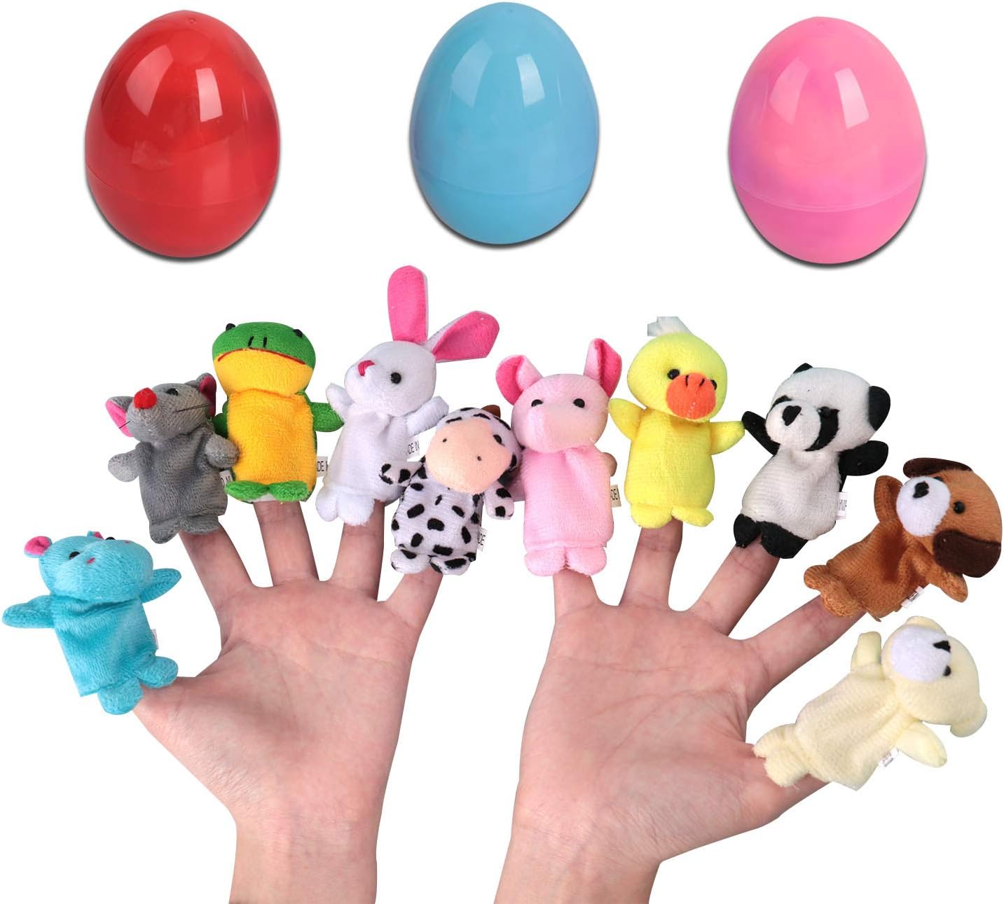 OYEFLY 10 Pcs Finger Puppets Filled Bright Colorful Easter Eggs with 2.45'' Cartoon Animal Soft Velvet Dolls Props Toys Easter Basket Stuffers Shows, Playtime, Schools (10Pcs)