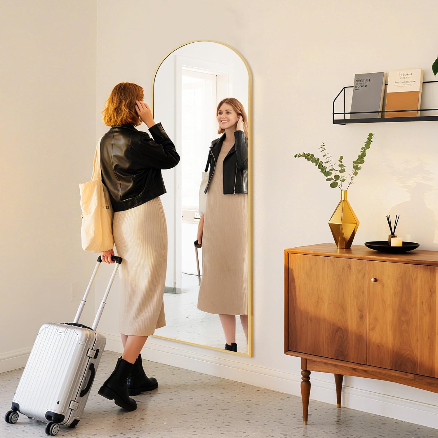 Sweetcrispy Arched 59"x16" Full Length Mirror Full Body Floor Mirror Standing Hanging or Leaning Wall, Arch Wall Mirror with Stand Aluminum Alloy Thin Frame for Bedroom Cloakroom,Gold