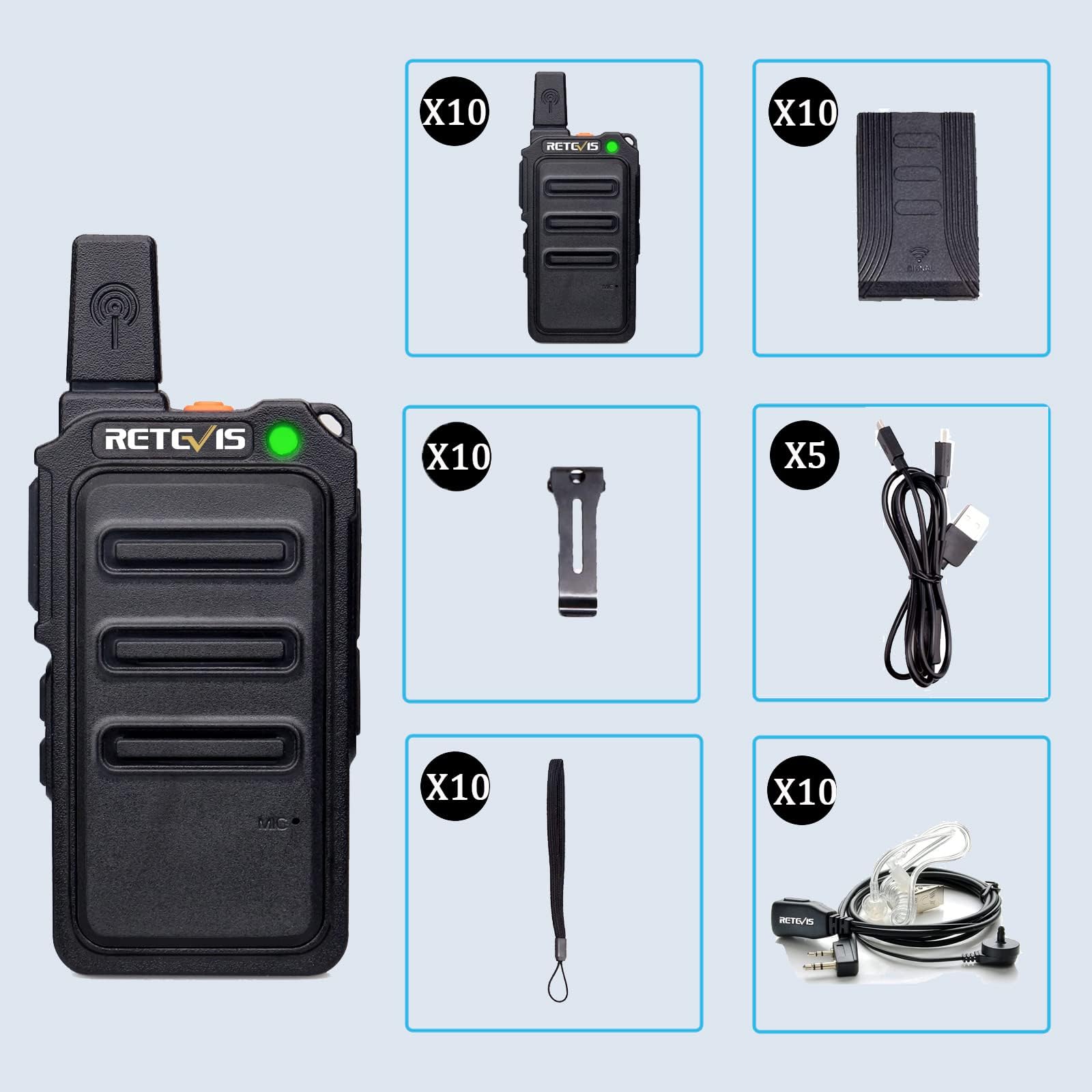 Retevis RT619 Walkie Talkie z Zestawem Słuchawkowym Zestaw Radiowy Pmr Daleki Zasięg 1300 mAh Bez Licencji 16 Kanałów VOXWalkie Talkie Akumulator Dla Sił Bezpieczeństwa, Szkoła (10 Sztuk, Czarny)