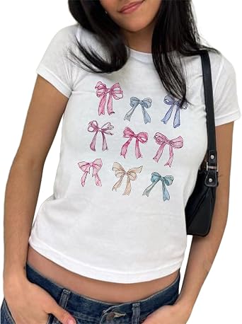Women's Y2K Baby Tees Casual Slim Fit Bow Fruit Graphic Print Crop Tops Summer Round Neck Cap Sleeve Going Out Tops