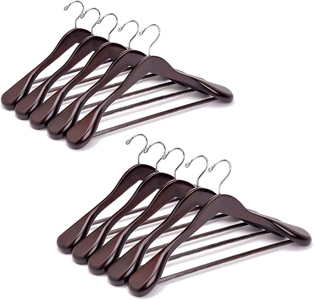 Amber Home 44.5cm Retro Wooden Suit Hangers 10pcs with Wide Shoulder(5.8cm), Heavy Duty Antique Wood Coat Hanger with Non Slip Pants Bar, Walnut Brown Clothes Hangers Rack for Jacket Trousers Slacks