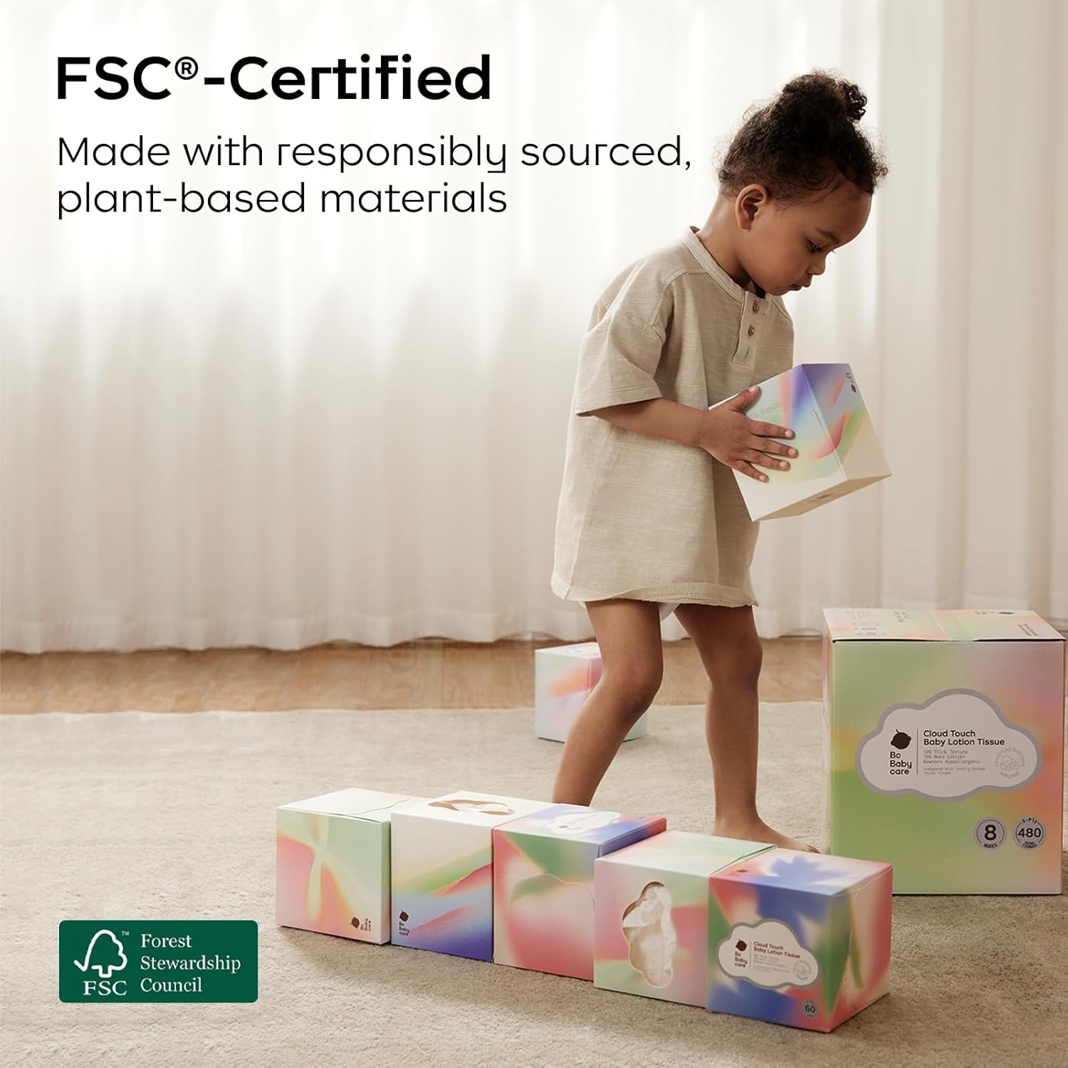 Bc Babycare Cloud Touch Lotion Ultra Soft Facial Tissues, 8 Cube Boxes, Hypoallergenic, Plant-based Materials, Clean Gentle Baby Essentials, 60 Tissues Per Box, 5-Ply